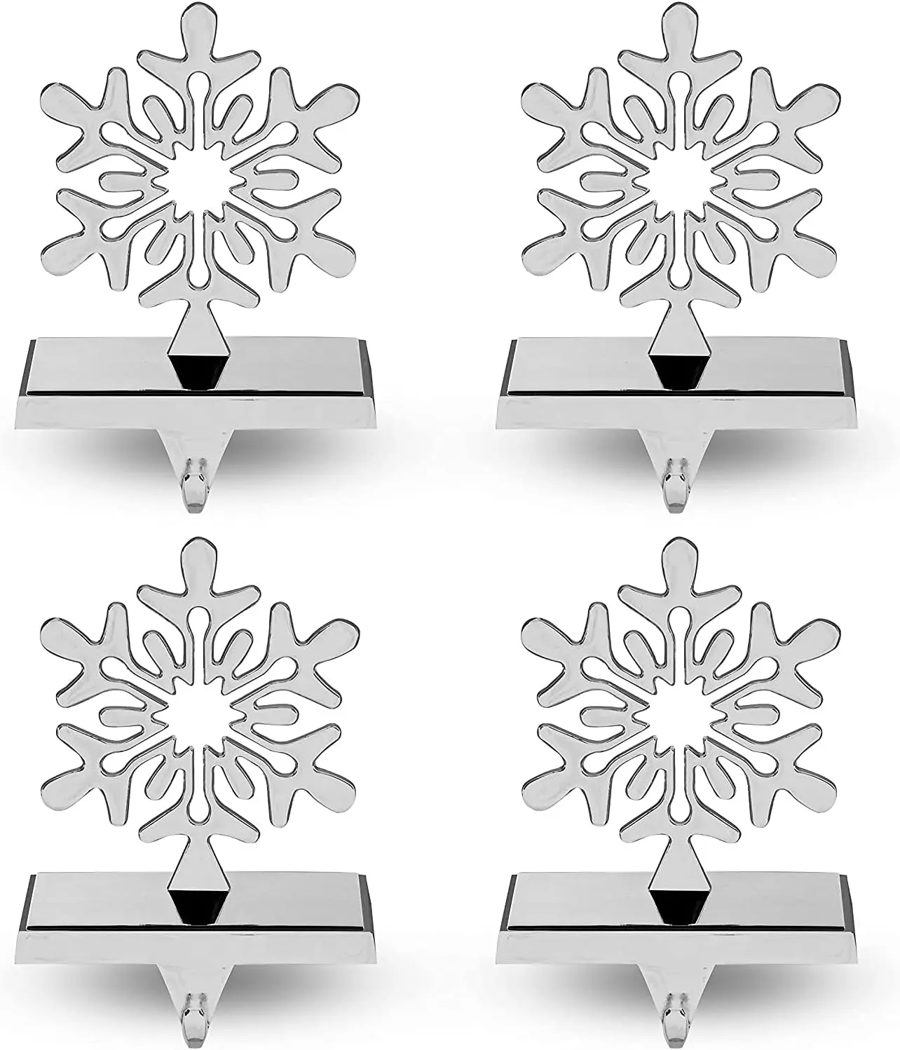 Stainless Steel Chrome Silver Snowflake Stocking Hangers (4-Piece) - Glueless Weighted Hold Fireplace Mantle Holders, Supports Up to 2 lbs for Holiday Christmas Decor Gifts