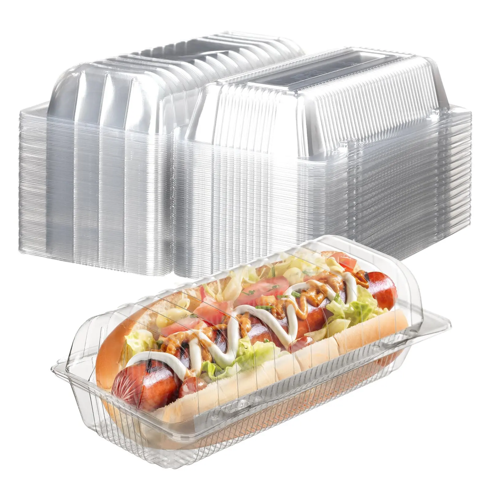 100 Pack Clear Plastic Hot Dog Containers – Disposable Clamshell Take Out Trays with Hinged Lid (8.86 x 3.94 x 2.76 Inch) for Hot Dogs, Bakery, Desserts, Salad & Food Packaging Transparent Bakeware