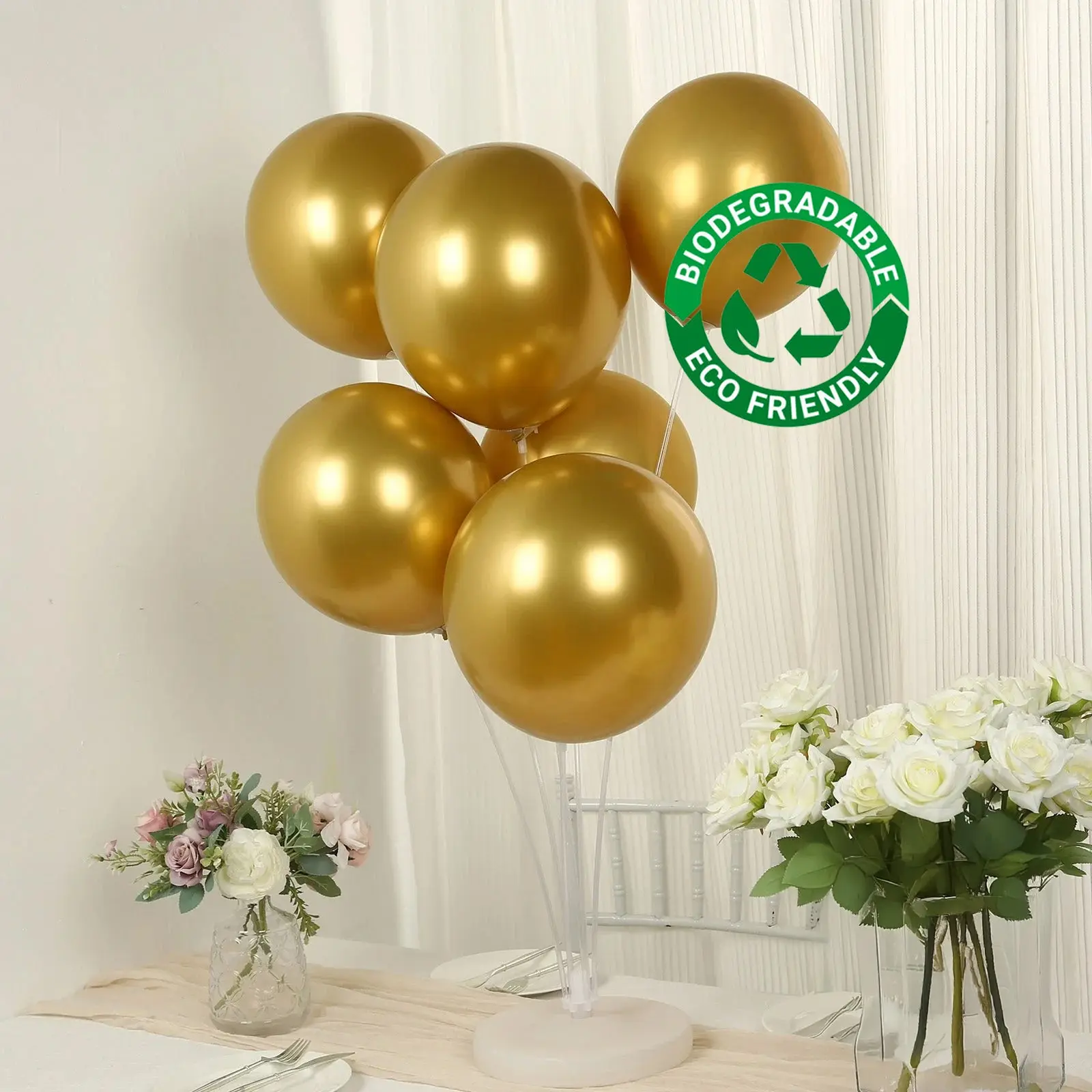 12-Inch Chrome Gold Biodegradable Rubber Latex Balloons, 50-Pack Thick Eco-Friendly Metallic Balloons with Ribbon for Weddings, Baby Showers, Hanging & Ceiling Decor (Festive & Party Supplies)