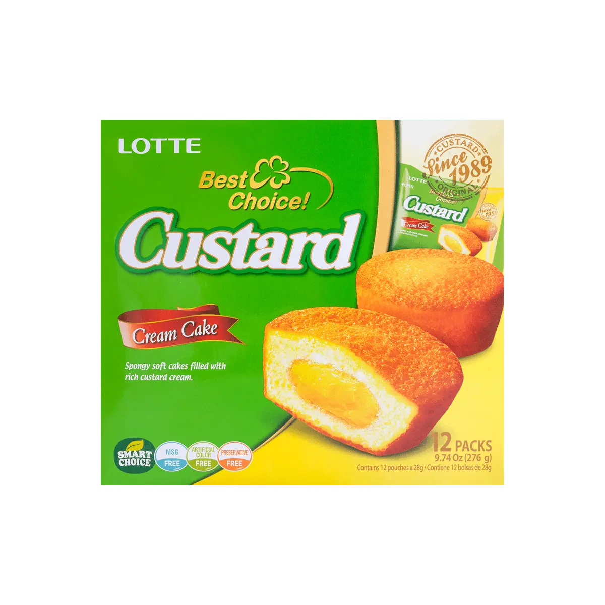LOTTE Korea Soft Custard Cream Cakes - Korean Dessert, 12 Pieces, 9.74oz Milk Snack
