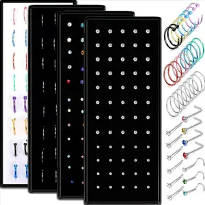 FIBO STEEL 200 Pcs 316L Stainless Steel Nose Ring Studs Set for Women Men Nose Hoops L Shaped Screw Bone Nose Studs Ring Nose Piercing Jewelry SpringStatements
