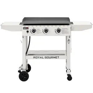 Royal Gourmet GB3000W 28-Inch 3-Burner Propane Gas Griddle in White, Griddle with Collapsible Side Shelves, electronic ignition