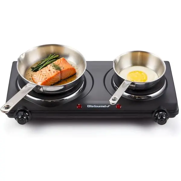 Elite Gourmet EDB-302BF# Compact Countertop Dual Cast Iron Burner - 1500W Hot Plate, Black, Adjustable Temp Control, Power Indicator Lights, Easy-to-Clean Surface, Simultaneous Cook Capability