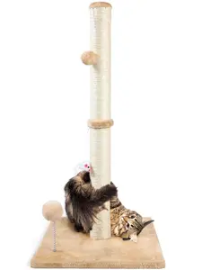 32" Tall Vertical Cat Scratching Post - Natural Sisal, Plush Toys, Reinforced Stable Base for Indoor Cats, Vertical Scratcher