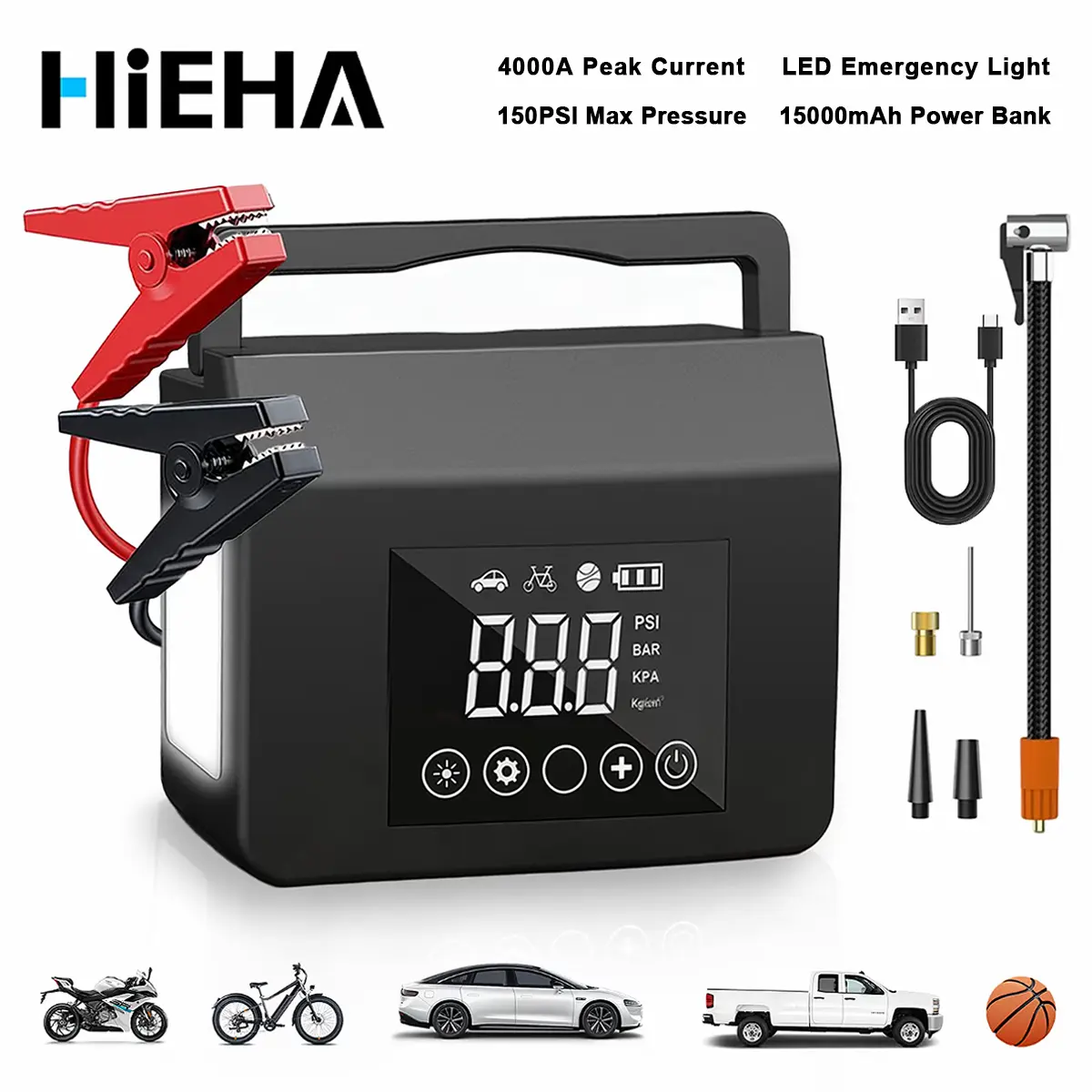 HEIHA 2026 Portable Jumpstarter Automotive, 4000A Car Jump Starter with 150PSI Air Pump, 15000mAh Power Bank for Automotive Vehicles, Tools and Gadgets with LED Light & LCD Display #fathersdaygift,father'sdaygifts,car accessories