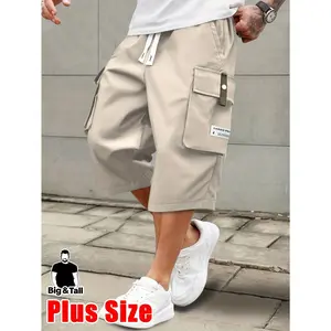 Men's Plus Size Dark Gray Loose-Fitting Plain Lightweight Summer Cargo Trousers - Casual Menswear with Drawstring Waist, Large Pockets, Letter Patch, for Casual Attire & Outdoor Activities, Trouser