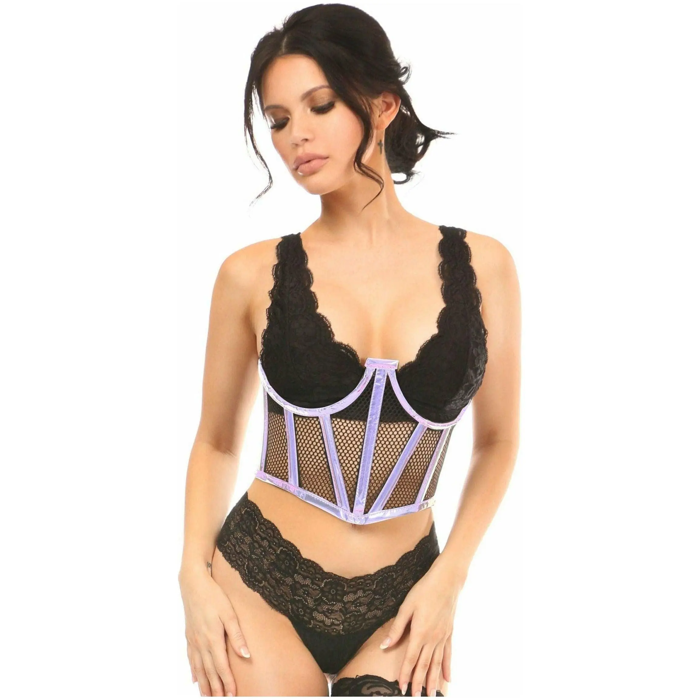 Lavish Lavender Holo & Fishnet Underwire Waist Cincher Corset