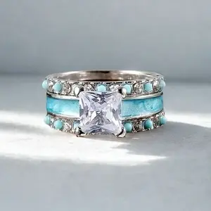 Women’s Silver Tone Turquoise Wedding Ring Set with Square Stone Center | Casual Multi-Element Fashion Engagement Jewelry, Daily Wear, Valentine Day Gift, Mother's Day, Birthday, Christmas