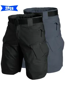 2PCS Men's Tactical Cargo Shorts - Solid Color, Non-Stretch Fabric  Multi-Pocket Durable Casual Shorts with Zippered Pockets Regular Fit for Outdoor Hiking Everyday Use (No Belt Included)