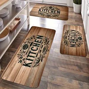 3pcs Wood Grain Design Kitchen Floor Mat, Brown And Black , Suitable For Kitchen, Bathroom, Laundry Room And Entrance-Easter Festival Atmosphere. Easter, Spring Area Rug Sets