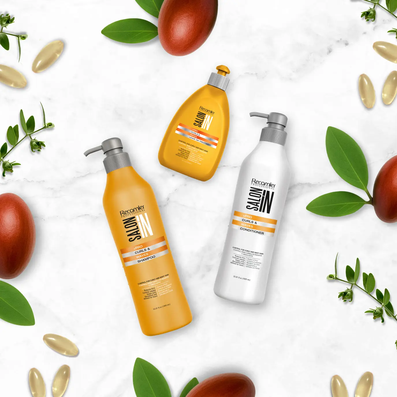 Curls & Waves 3-Piece Set: Shampoo + Conditioner 33.8 fl oz + Leave-On Treatment 10.01 fl oz | Definition & Frizz Control with Jojoba Oil, Keratin & Biotin | Salt-Free