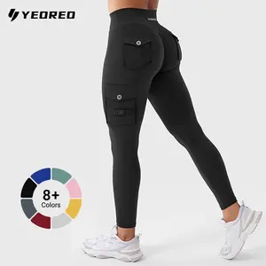 YEOREO High Waist Cargo Leggings Women’s Workout Pants with Pockets Hidden Scrunch Butt Lift Compression Yoga Wear Athletic Bottoms