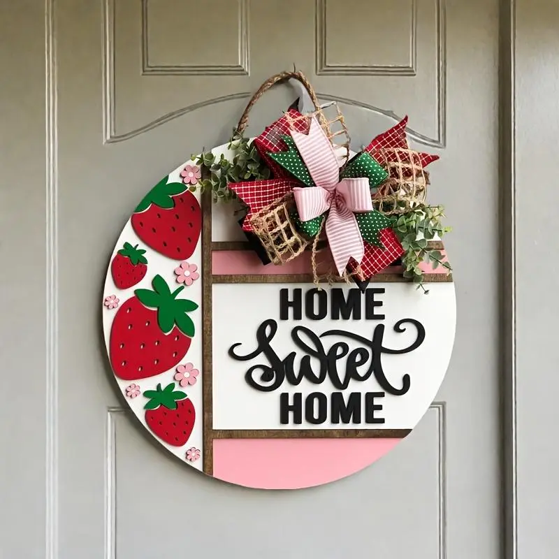 Strawberry & Letter Pattern Door Hanger, Summer Welcome Sign, Home Sweet Home Sign, Summer Decor, Porch Decor, Home Decor, Front Door Decor, Decorative Fruit Ornaments, Hanging Ornaments, Ornaments, Style Ornament, Cute Summer Ornaments