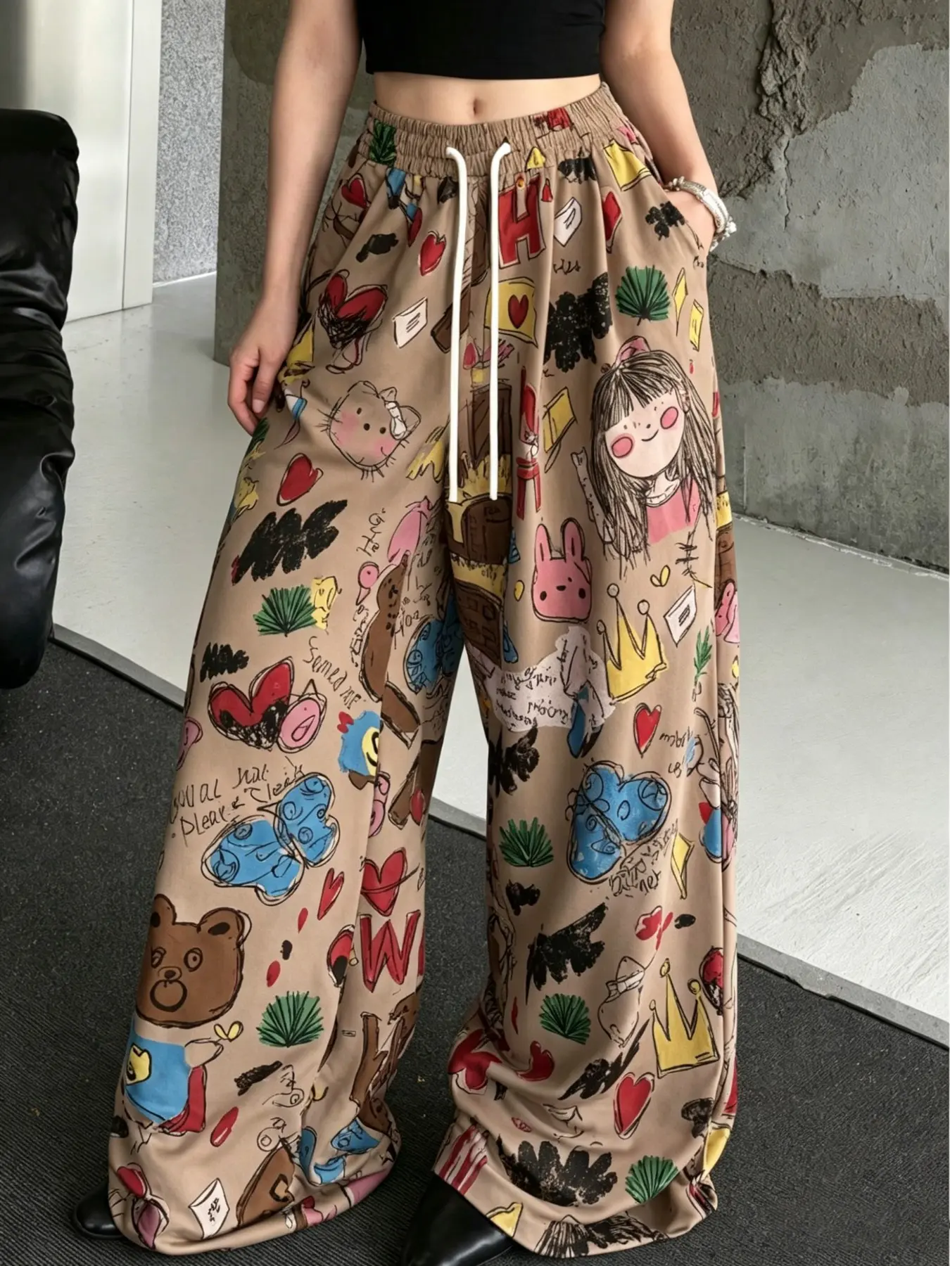 2026 Summer New American Graffiti Cartoon Print Wide Leg Baggy Pants for Women, Casual Summer Bottoms, Elastic Waist Drawstring Adjustable Loose Fit Casual Long Pants