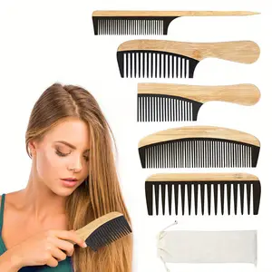 Handmade Bamboo Anti-Static Comb 5-piece Set for Wavy, and Curly Hair Detangling (Natural + Black) Beauty & Personal Care Natural+Black brush