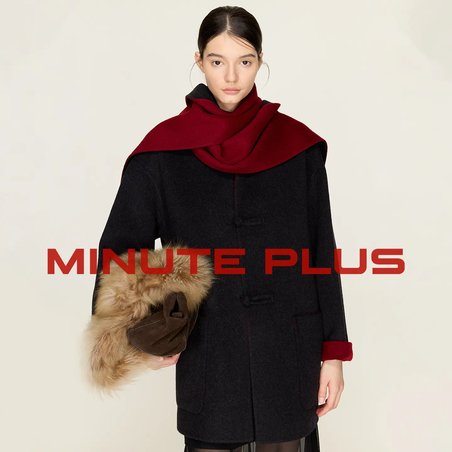 Women’s 100% Double-Faced Wool Short Coat with Free Matching Scarf, Round Neck Oversized Wool Jacket with Big Pockets, Reversible Warm Winter Outerwear