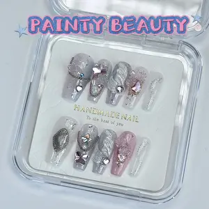 A20 Coffin Shape Magic Mirror Powder Broken Shells Handmade Press On Nails Reusable Eco Friendly Vegan Long Lasting Wear