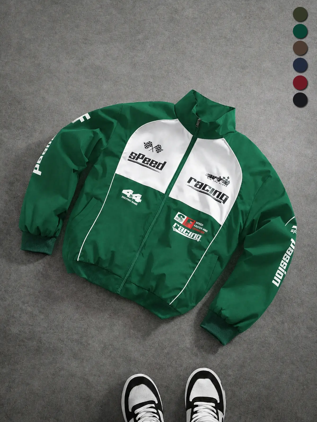 Men’s American vintage racing-style windbreaker for spring and autumn, trendy men’s color-block letter print jacket, fashionable casual men’s windproof outerwear for street wear and outdoor sports
