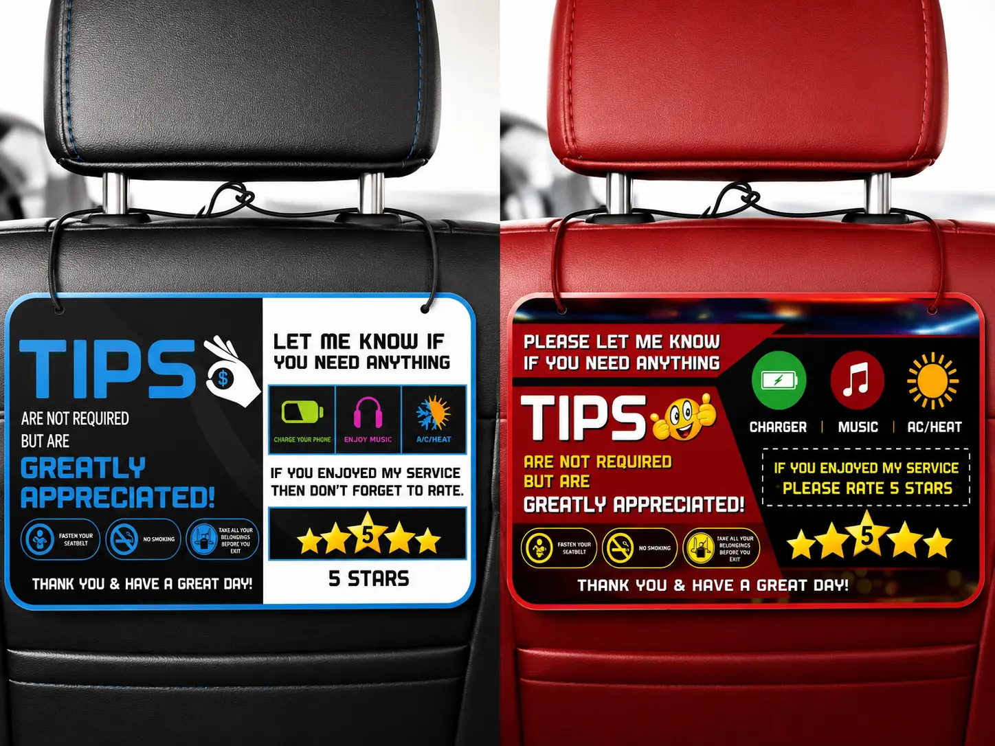 Five Star Rideshare Sign for Uber, Lyft & Taxi - Tips for Drivers