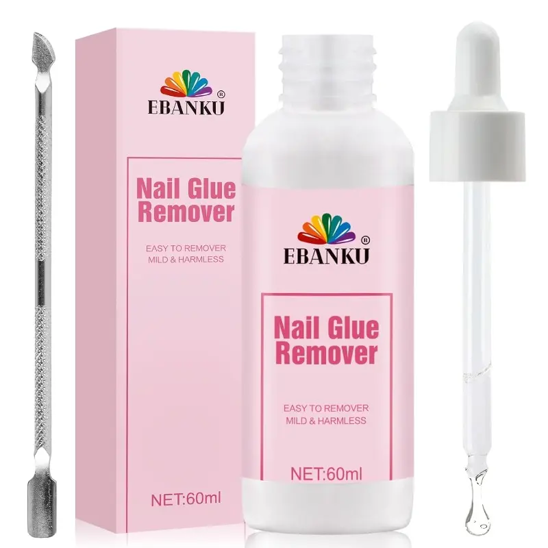 EBANKU 60ML Nail Glue Remover, Press On Nail Remover Quick Easy Removal, False Nails Adhesive Debonder with Cuticle Pusher, Non-Acetone Gentle Off for False Tips , Perfect Valentine‘s Gift