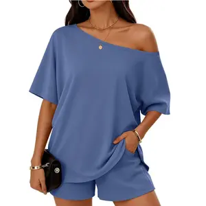 Ladies with Sloping Shoulders 2 Piece Summer Shorts Set Lounge Matching Two Piece Spring Beach Vacation Outfits 2026 Sweatsuits