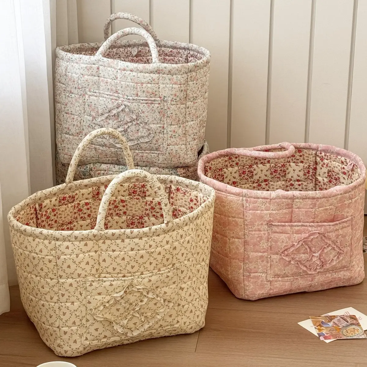 Casual Rectangle Quilted Floral Storage Basket with Handles - Portable Large-Capacity Foldable Laundry Basket Organizer Bin, Cute Home Supplies Decor for Toys, Snacks