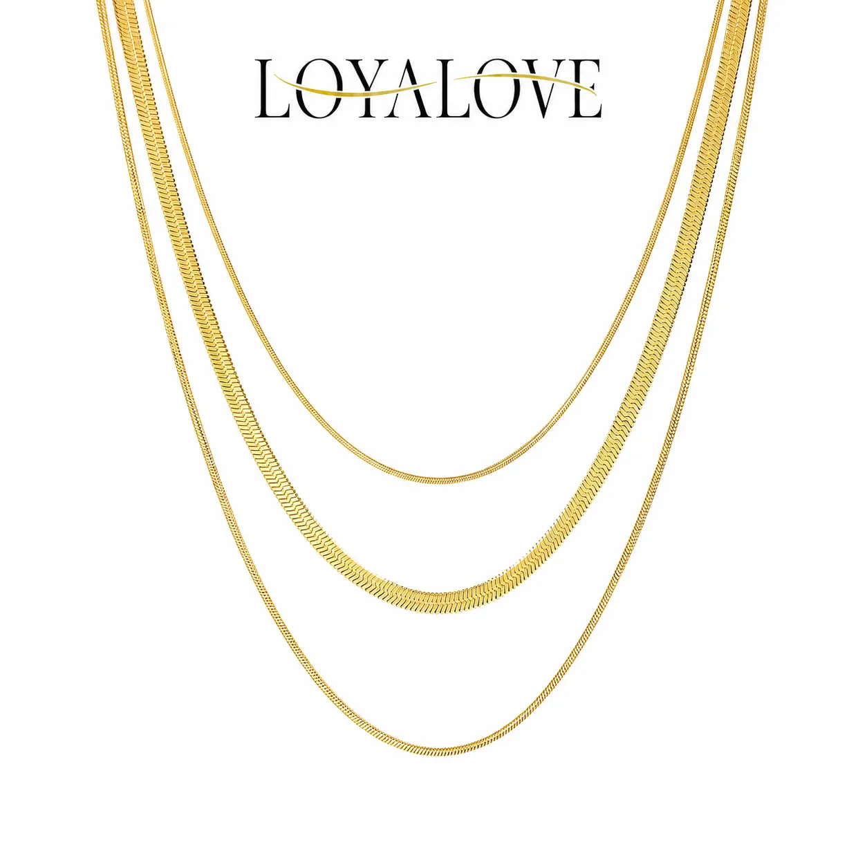 LOYALOVE 3Pcs Gold Layered Snake Chain Necklaces for Women, 14K Gold Plated Herringbone Necklace Set, Dainty Minimalist Stackable Chains for Everyday Summer Outfits