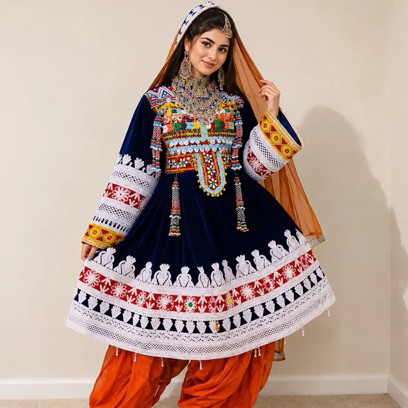 Elegant Afghan Embroidered Velvet Dress Set