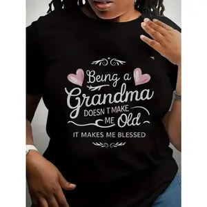 Women's Oversized Casual Short-Sleeve T-Shirt - "Being a Grandma Doesn't Make Me Old It Makes Me Blessed" Inspirational Quote with Geometric Print, Stretch Fabric, Loose Fit Round Neck, Machine Washable, All-Season Comfort, Grandma Gift