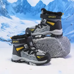 Boys & Winter Snow Boots --Top Anti-Skid TPR Sole, Adjustable & Closure, PU & Warm - Heavy-Duty Cold-Proof Outdoor, Skiing, Ice Walking (Grey/Yellow) - Kids' Camp Boots
