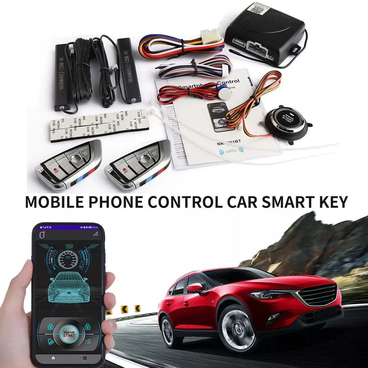 12V Universal Fit Car Remote Starter Kit - Push-Button Start/Stop, Keyless Entry, Car Security, Anti-Theft Alert, App Control Alarm System