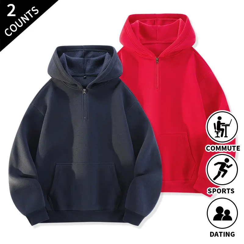 2-Pack Men’s Solid Color Half-Zip Hoodie Pullovers, Street Casual Sweatshirts with Front Kangaroo Pocket for Everyday Outdoor Wear