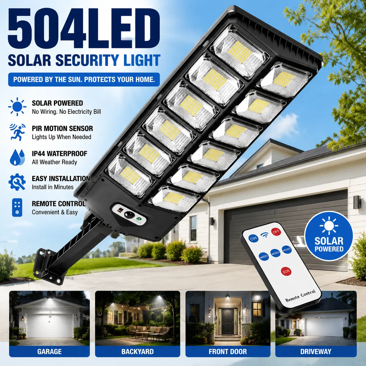 Outdoor Solar LED Street Light with Motion Sensor, IP65 Rated Waterproof Wall Light, Remote On/Off Control for Garden, Courtyard Home Improvement Lighting
