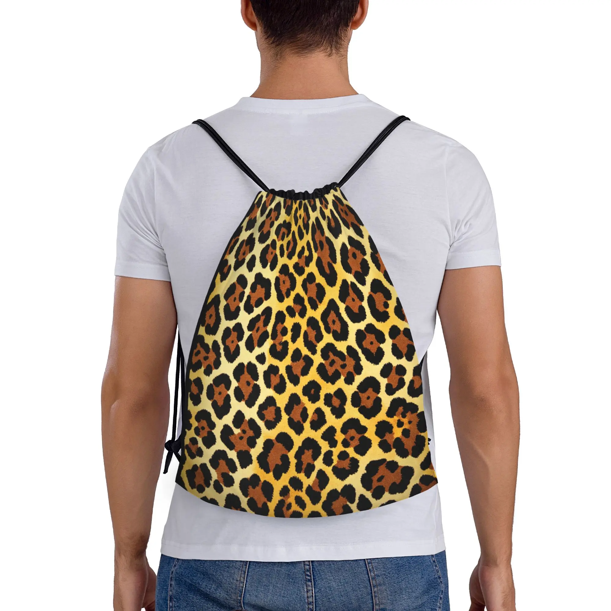 Leopard Print Drawstring Bag, Unisex Water-Repellent Cinch Sack - Sporty Chic Design for Gym, Casual Errands & Concerts, Adults, Active Lifestyle Drawstring Bags, 210D Encrypted Polyester, Adjustable Strap