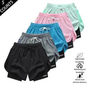 Women’s 5-Pack Faux Two-Piece Sports Shorts — Double Layer Anti-Exposure, Quick-Dry, Breathable Running/Fitness/Yoga Thongs, Sports Shorts Set, Gym Clothes Women