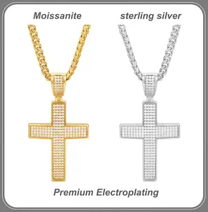 chain  and  cross Silver-Set Full-Diamond Hip-Hop Cross Necklace with Cuban Chain Mossanite Material: A Gem More Brilliant Than Diamond Mossanite Outshines Diamond with 2.639 Times More Astonishing Fire