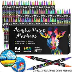 Acrylic Paint Markers,24/48/72/96/120/168 Colors,Dual tips Dual Color Acrylic Paint Pens for Rock Painting, Canvas, Wood, Glass, Ceramic, Fabric, Plastic, Egg & Scrapbook. Soft Brush Tips Paint Pens and Paint Markers, DIY Painting Supplies