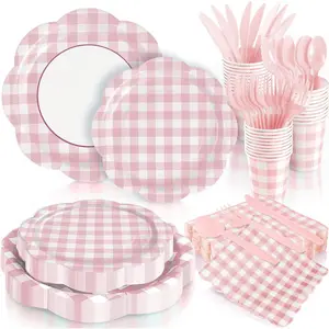 168Pcs Pink Gingham Plates and Napkins Party Supplies Scalloped Checkered Disposable Paper Plates Set with Cups Plastic Cutlery for Birthday Wedding Baby Shower Spring Party