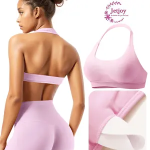 Jetjoy Women's Wireless Sports Bra - Medium-Low Support, Halter Seamless Open Back, Padded Cropped Activewear with Removable Cushioning, Double-Layer Dry Design, Lightweight Active Gym Yoga Top, Lightweight Sports Bras