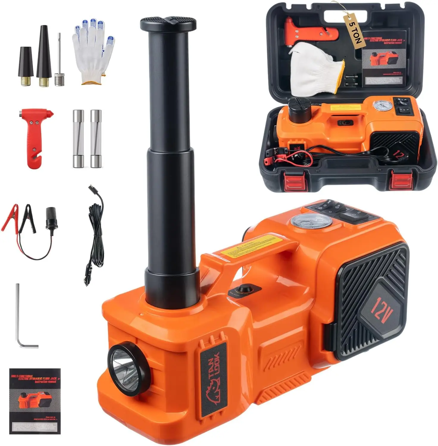 12V Electric Car Jack Kit - 5-Ton Hydraulic Lift, Heavy-Duty Tire Inflator, Steel Body, Impact Wrench, Toolbox, Fuses, Hex Key, Safety Stop, 17.7in Automatic Mechanism for Adults' Commuting Sedan, SUV Tire Changes