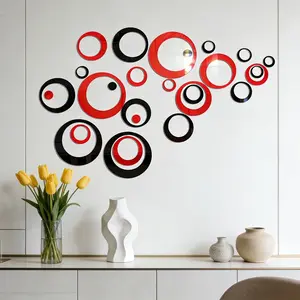 72pcs red and black hollow circular acrylic mirror wall stickers, suitable for home decoration, living room, bathroom, bedroom background wall decoration, home decoration lintel decoration, DIY detachable Removable wall stickers, Reflective