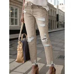 Women’s Plus-Size Ripped Denim Jeans - 9-in Straight Cut, Slim Comfortable Fit, Minimalist Basic Lady Streetwear Pants, Retro Casual, Suitable for Daily & Outdoor Occasions