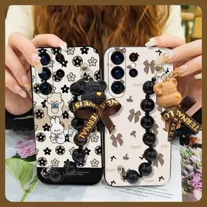 soft case Skin-friendly feel Phone Case For Samsung Galaxy S23 Ultra/SM-S918U Cartoon Bear bracelet Back Cover cute Anti-knock Waterproof Black pearl pendant Simplicity