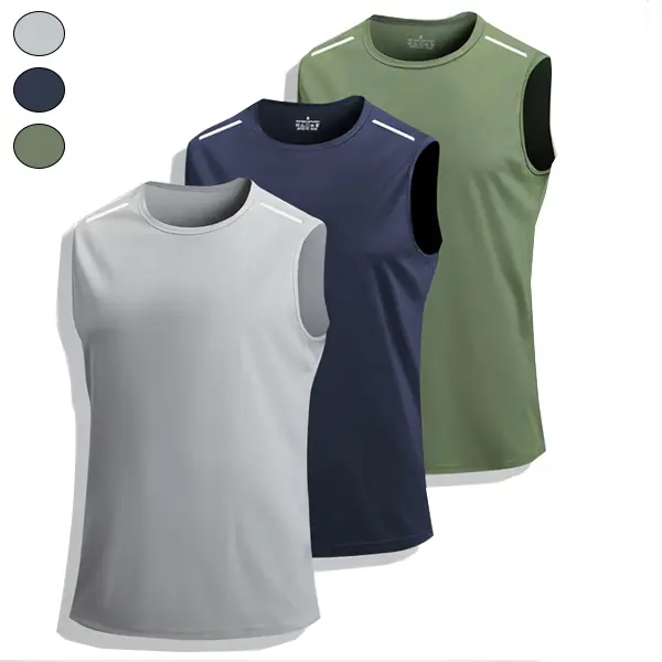 Men’s 3-piece athletic set: tank top, sleeveless T-shirt, solid color — suitable for everyday casual wear and sports/fitness activities like running and outdoor exercise. graphic
