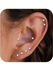 6 Pairs Tiny 2mm Stainless Steel Stud Earrings For Mens Womens CZ Round Ball Cartilage Earrings Set