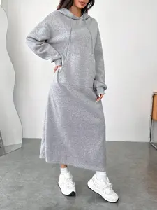 Plus Size Women's New Style Casual Knit Hoodie Dress Womenswear, Elegant Long Sleeve A-Line Maxi Dress, Comfortable & Stylish Design for Daily Wear