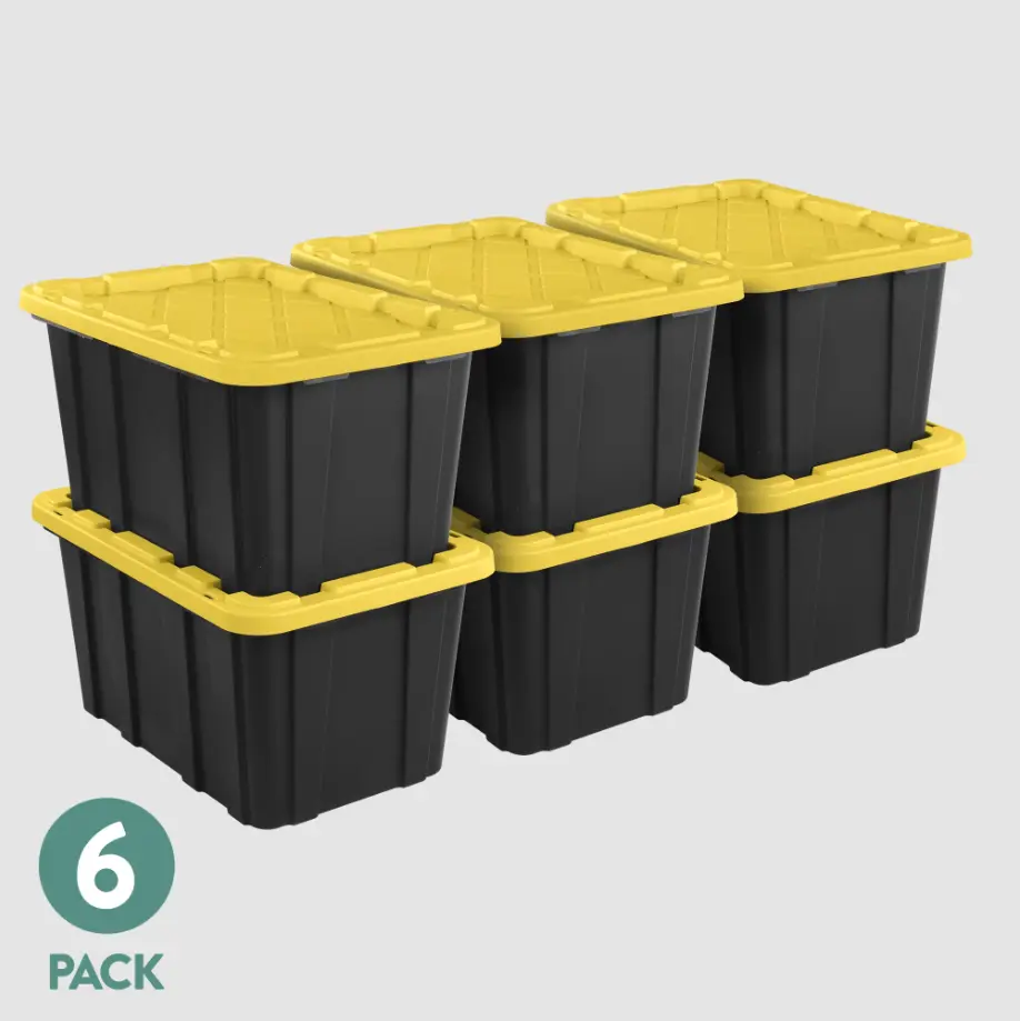 Sterilite Large Storage Bin, 27 Gallon Durable Plastic Storage Tote with Snap-On Lid, Black and Yellow, 6 Pack