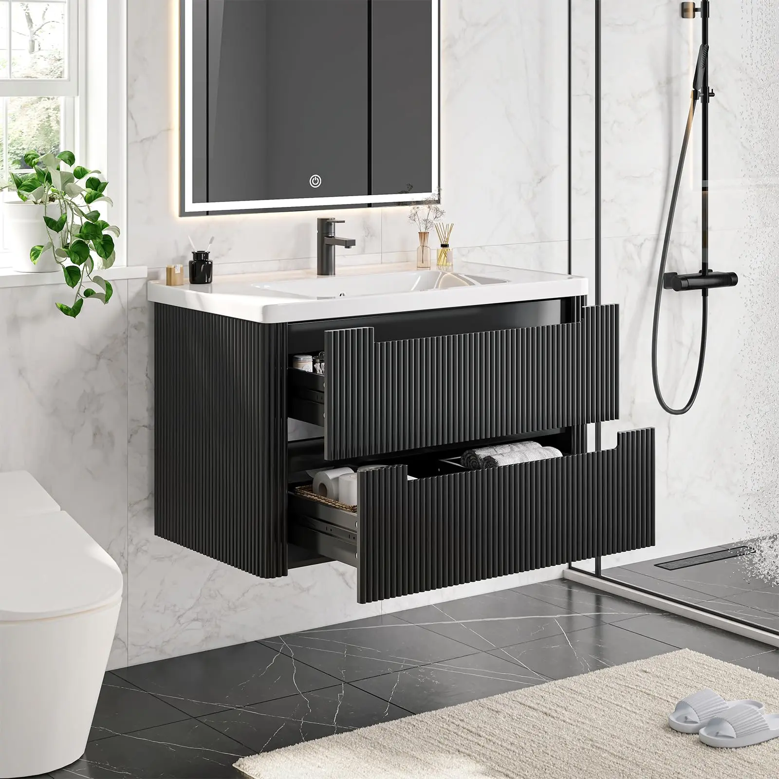 【SummerFinds】ONBRILL Modern Bathroom Vanity with Sink Combo Curved Floating Bath Vanity with 2 Soft Close Drawers Wall Mount Bathroom Vanities with Integrated Ceramic Sink for Small Space Apartment