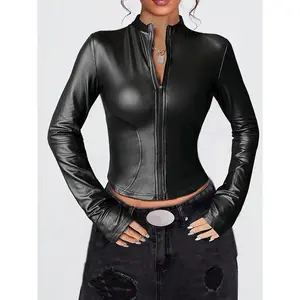 Women’s black leather jacket — long sleeves, zip-up front, slim fit; versatile casual wear for all seasons; a leisure jacket that pairs well with denim; leather; custom-fitted design.