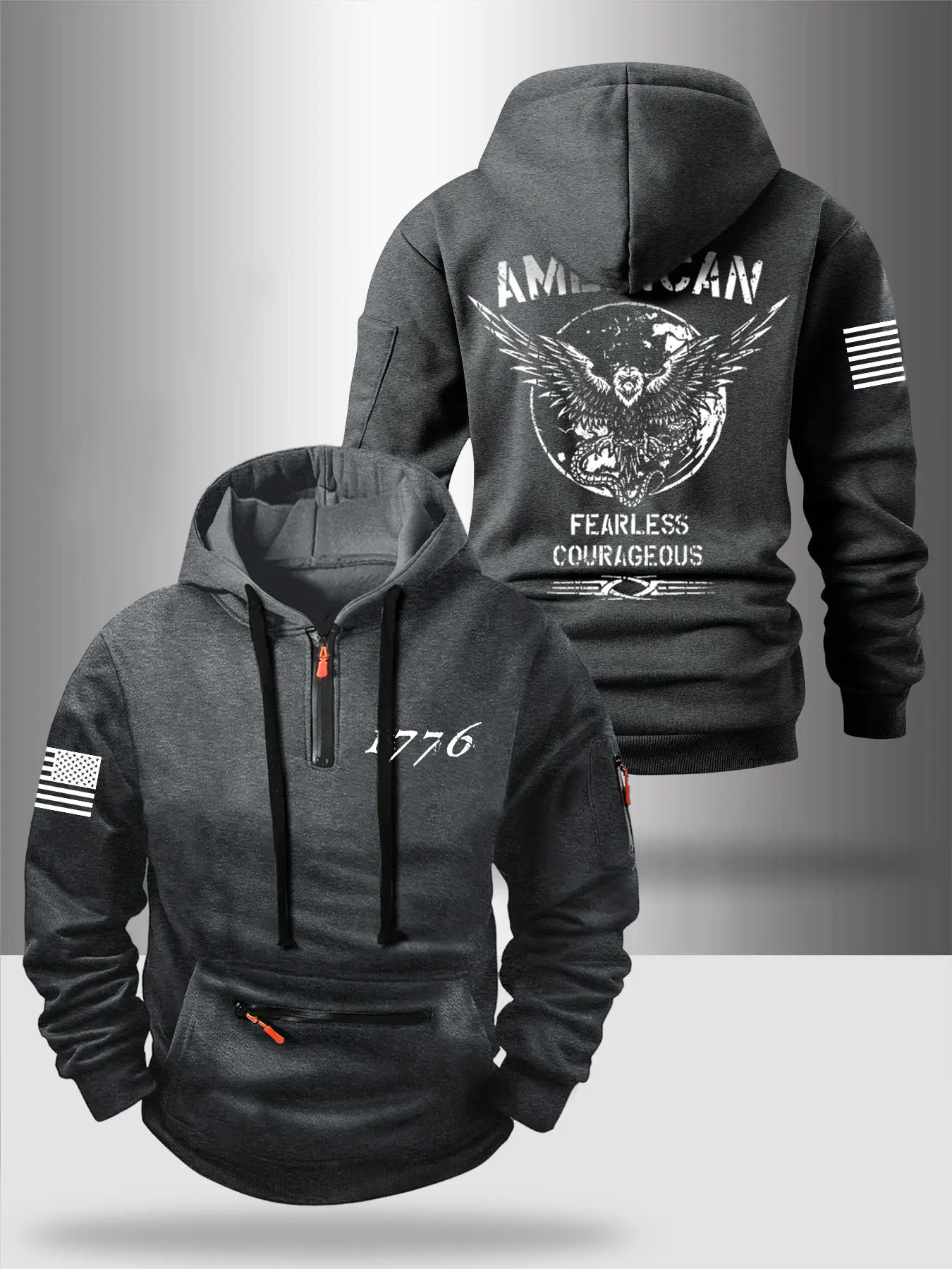 Fall & Winter Stylish Zipper Graphic Hoodie with Eagle American Flag Print, Loose-Fitting Casual Hooded Sweatshirt for Outdoor Relaxation, Fashion Hoodies